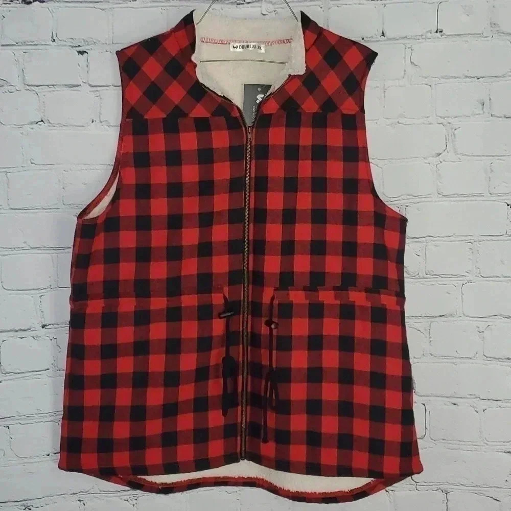 Red & Black Checkered/Gingham Sherpa Lined Winter Zip Up Vest NWT